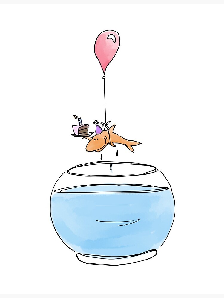 Carte De Vœux Poisson Rouge Avec Gateau Et Ballon Joyeux Anniversaire Par Trippyart Redbubble