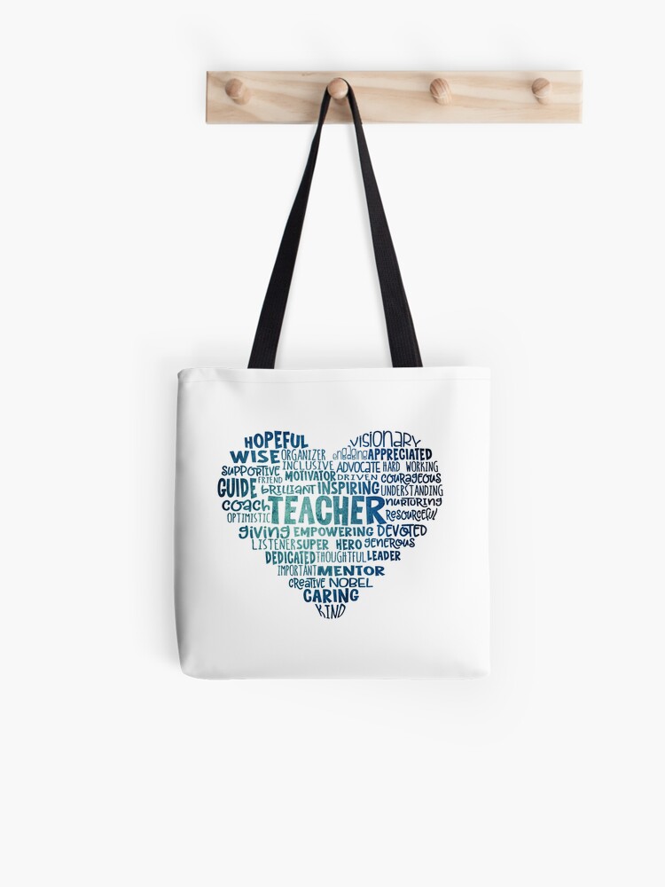 Thumbnail 1 of 2, Tote Bag, Teacher Word Cloud Heart in Blue designed and sold by jitterfly.