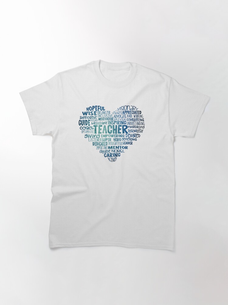 Thumbnail 3 of 7, Classic T-Shirt, Teacher Word Cloud Heart in Blue designed and sold by jitterfly.