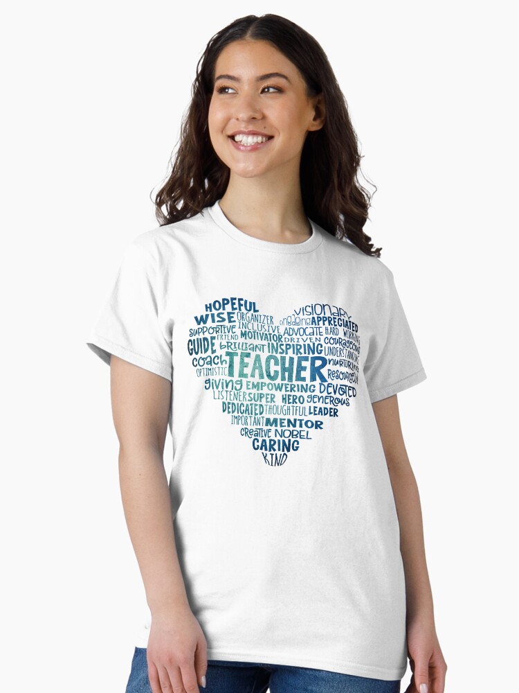 Thumbnail 2 of 7, Classic T-Shirt, Teacher Word Cloud Heart in Blue designed and sold by jitterfly.