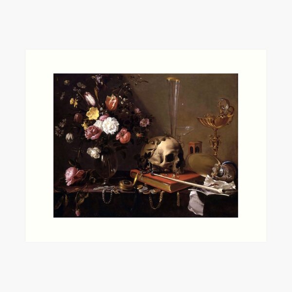 Aperçu de l'œuvre Vanitas - Nature morte avec bouquet et crâne - Adriaen van Utrecht créée et vendue par OldMasters.