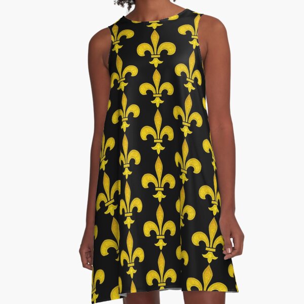 Fleur De Lis Gold Leaf Bevel Burn Mardi Gras New Orleans Pattern A-Line Dress