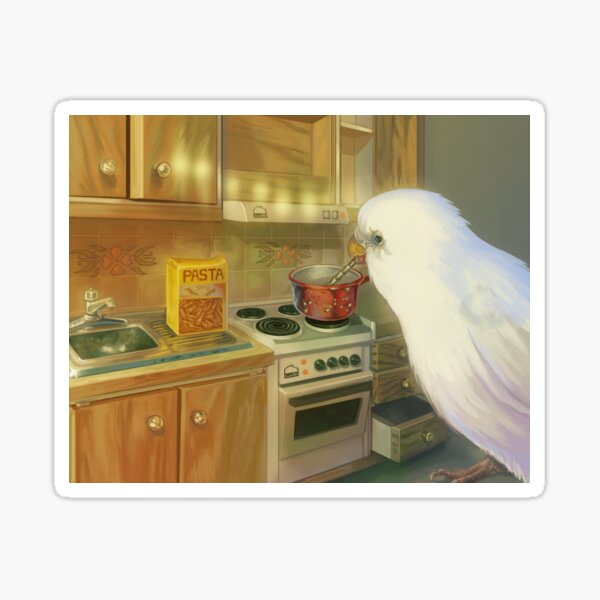 Item preview, painting of a japanese bird cooking spaghetti designed and sold by kyonoko.