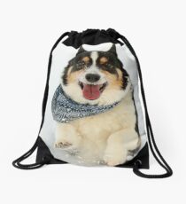 Corgi Running in Snow Drawstring Bag