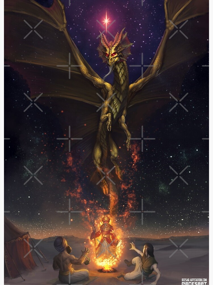 Thumbnail 2 of 2, Art Board Print, Brass Dragon reveals himself to two travelers designed and sold by Bcesart.