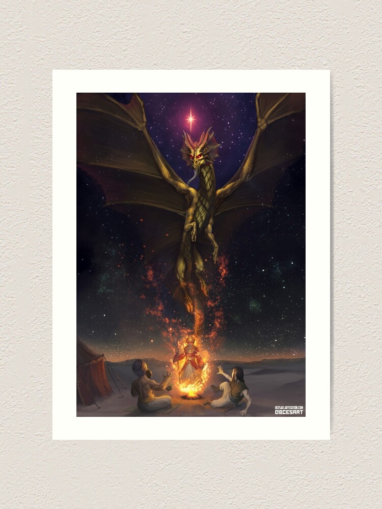 Thumbnail 1 of 3, Art Print, Brass Dragon reveals himself to two travelers designed and sold by Bcesart.