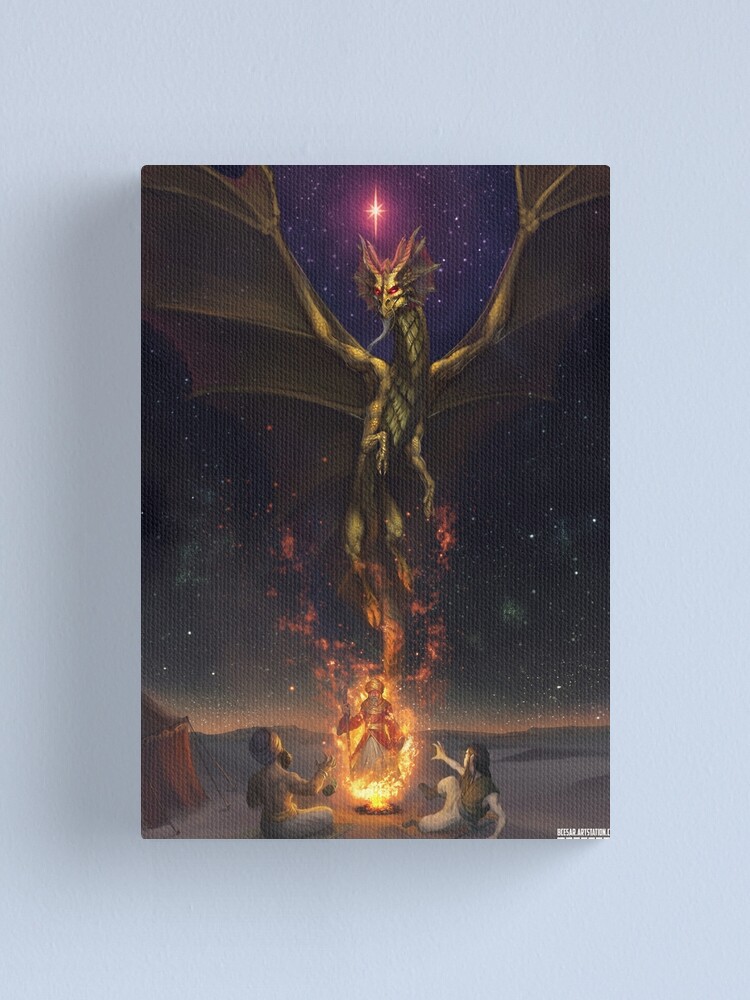 Thumbnail 1 of 3, Canvas Print, Brass Dragon reveals himself to two travelers designed and sold by Bcesart.