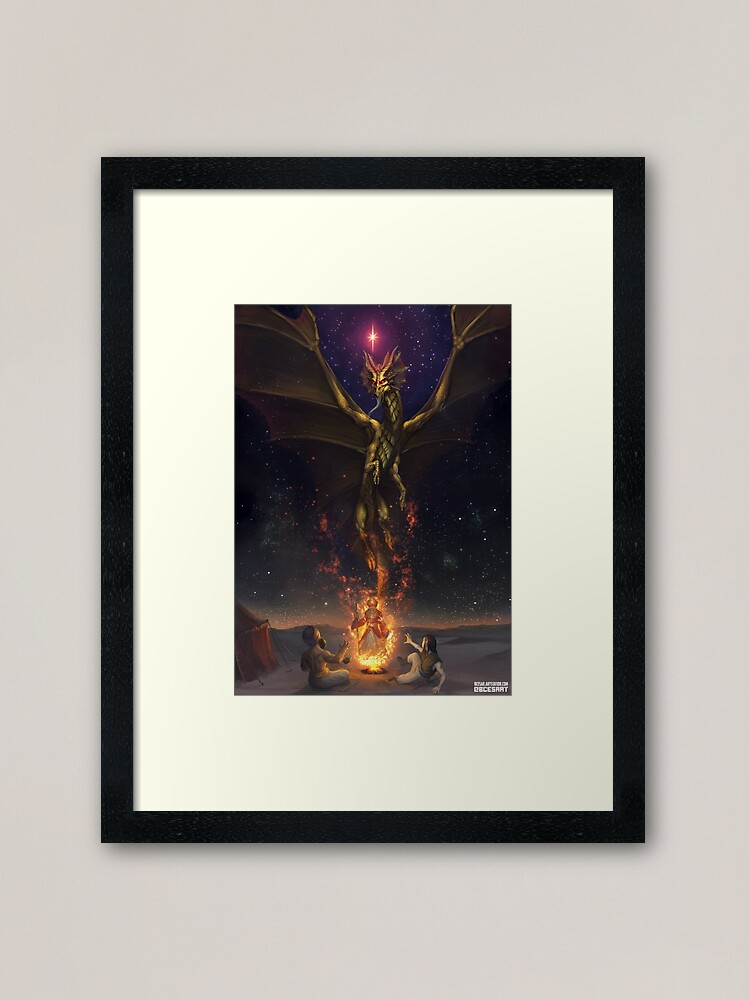 Thumbnail 1 of 7, Framed Art Print, Brass Dragon reveals himself to two travelers designed and sold by Bcesart.