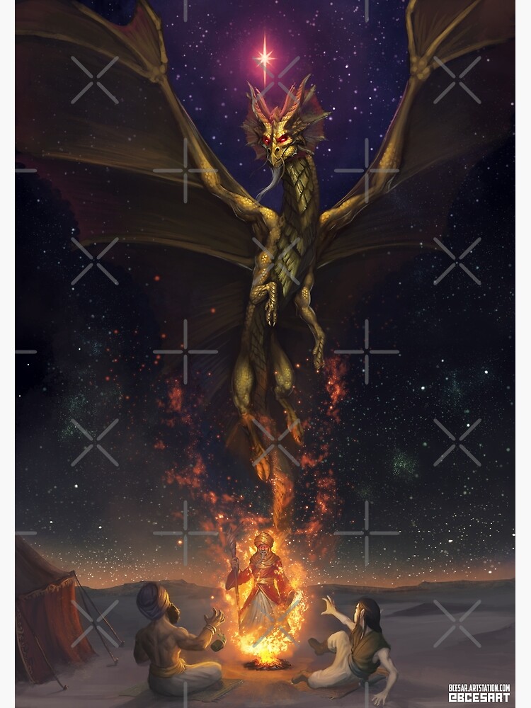 Thumbnail 2 of 2, Postcard, Brass Dragon reveals himself to two travelers designed and sold by Bcesart.