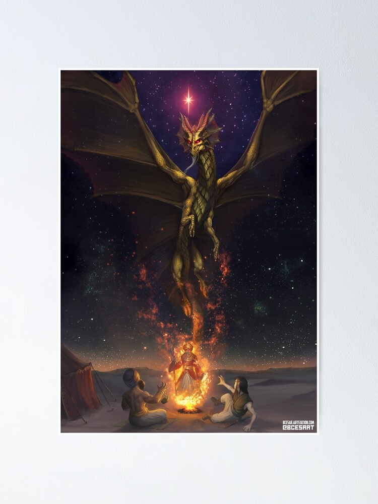 Thumbnail 1 of 3, Poster, Brass Dragon reveals himself to two travelers designed and sold by Bcesart.