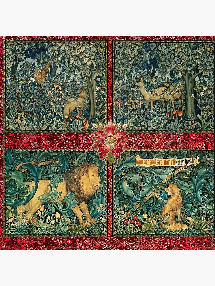 GREENERY FOREST ANIMALS ,LION ,FOX,PHEASANT AND DOES Red Green Floral Tapestry by BulganLumini