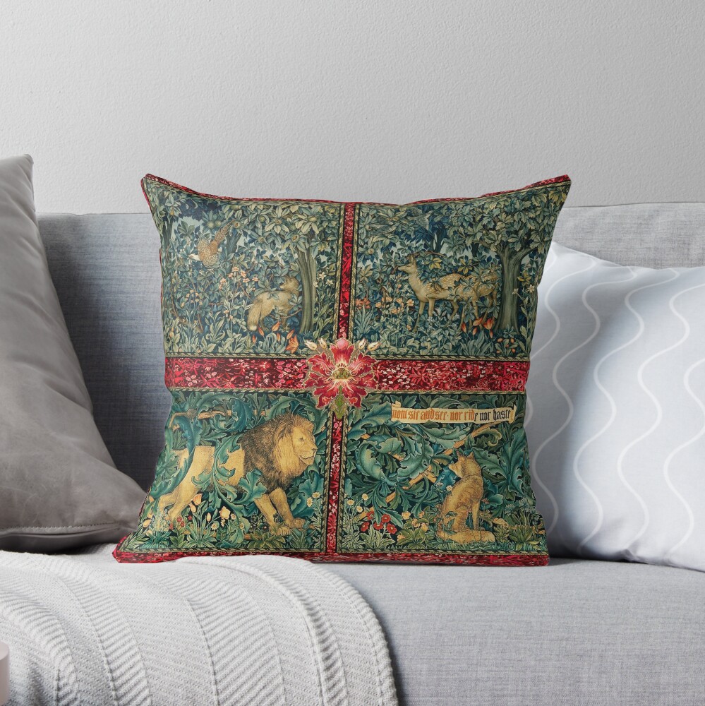 GREENERY FOREST ANIMALS ,LION ,FOX,PHEASANT AND DOES Red Green Floral Tapestry Throw Pillow