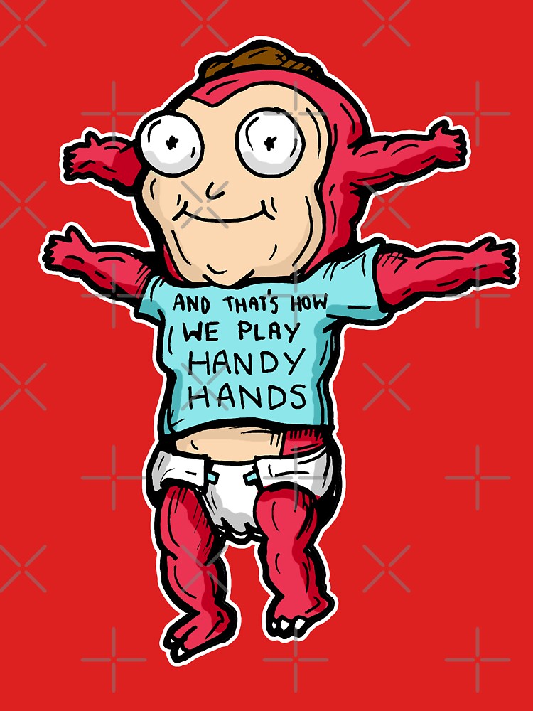 Morty Jr from Rick and Morty™ wearing 'and that's how we play handy hands' quote t-shirt by sketchNkustom