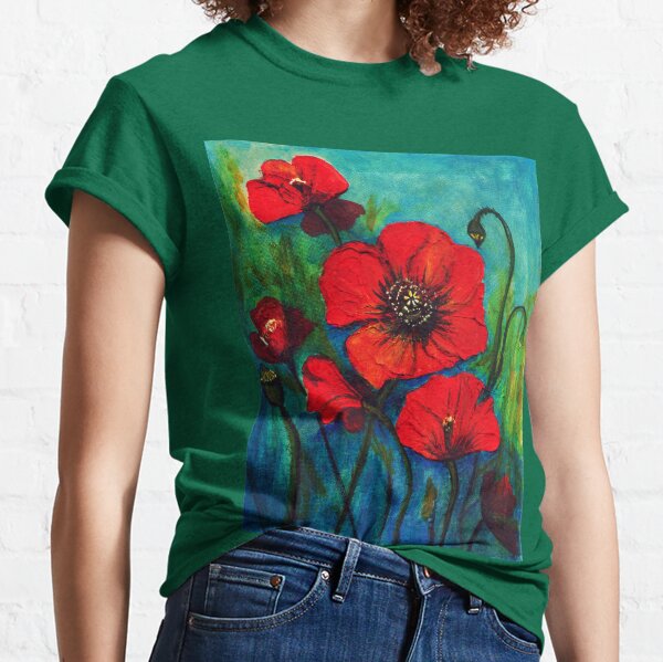 Embroidery poppies flowers t-shirt design. Love slogan. Template