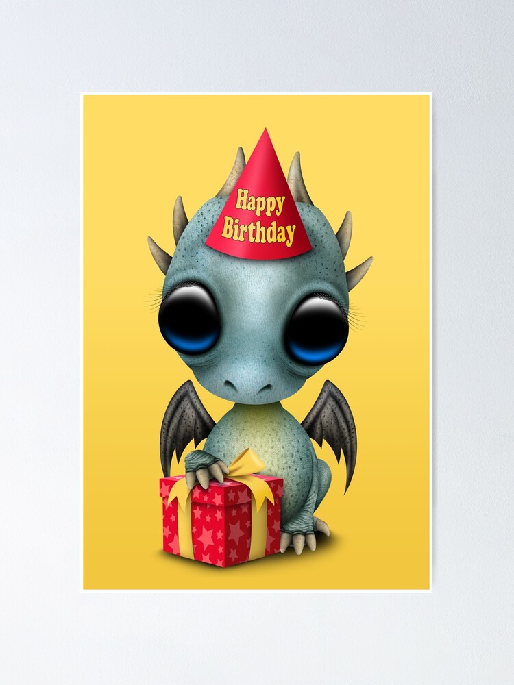 Poster Mignon Joyeux Anniversaire Bebe Dragon Bleu Par Jeffbartels Redbubble