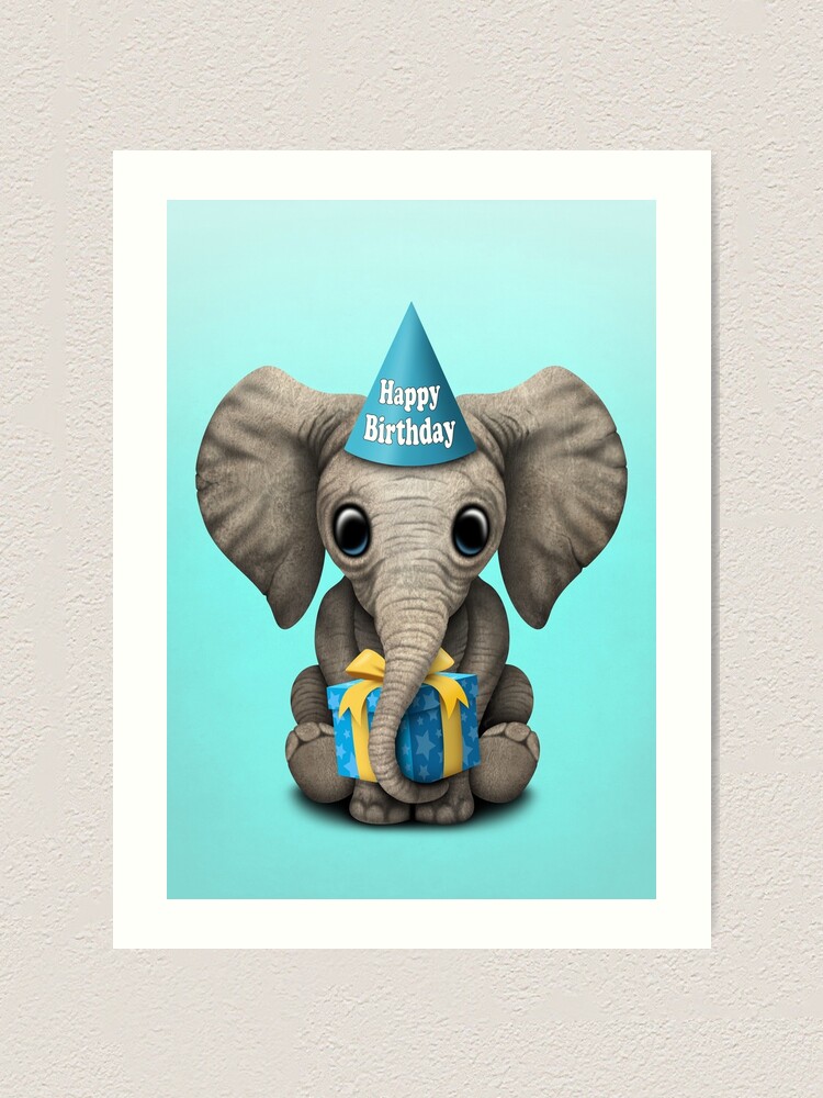 Impression Artistique Elephant Bebe Joyeux Anniversaire Bleu Par Jeffbartels Redbubble