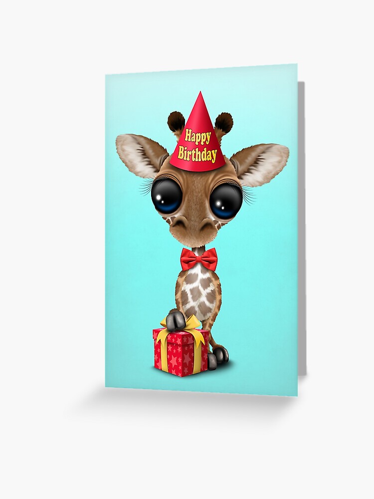 Linda tarjeta feliz cumpleaños con una jirafa para niño de 1 año