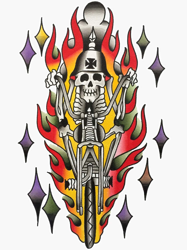 Traditional Skeleton Biker Tattoo Design