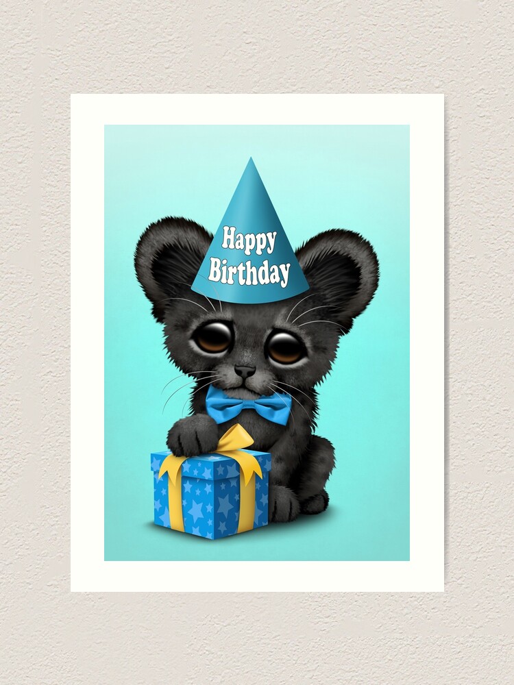 “Blue Happy Birthday Black Panther Cub” Art Print by JeffBartels