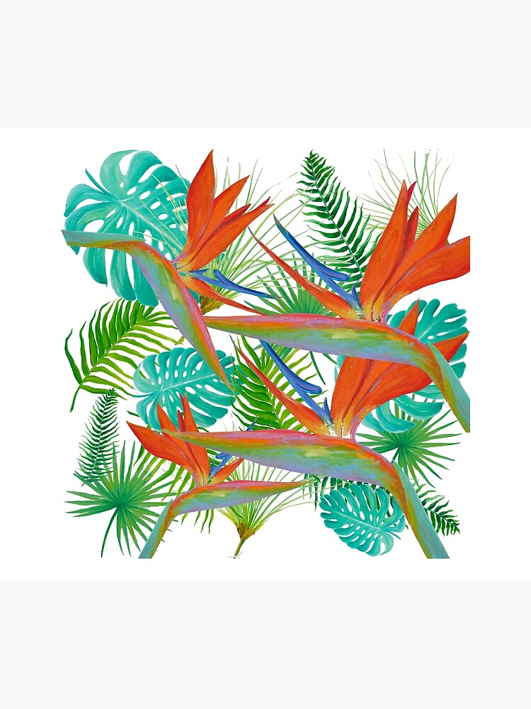 Disover Bird of Paradise and tropical leaves and ferns Shower Curtain