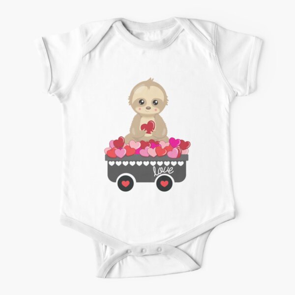 Cute Sloth with Wheelbarrow of Hearts Love Valentines Day Design Short Sleeve Baby One-Piece
