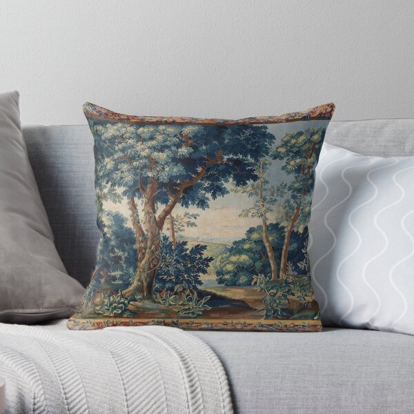 GREENERY, TREES IN WOODLAND LANDSCAPE Antique Flemish Tapestry Throw Pillow
