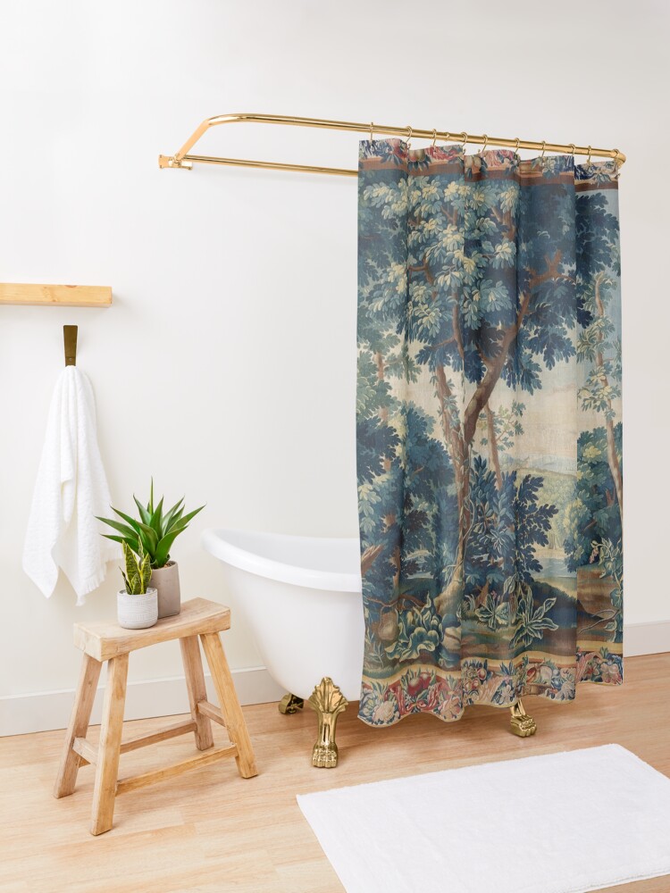 Alternate view of GREENERY, TREES IN WOODLAND LANDSCAPE Antique Flemish Tapestry Shower Curtain