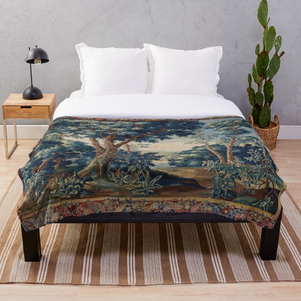 GREENERY, TREES IN WOODLAND LANDSCAPE Antique Flemish Tapestry Throw Blanket