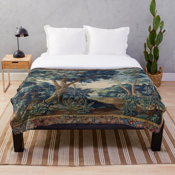 GREENERY, TREES IN WOODLAND LANDSCAPE Antique Flemish Tapestry Throw Blanket