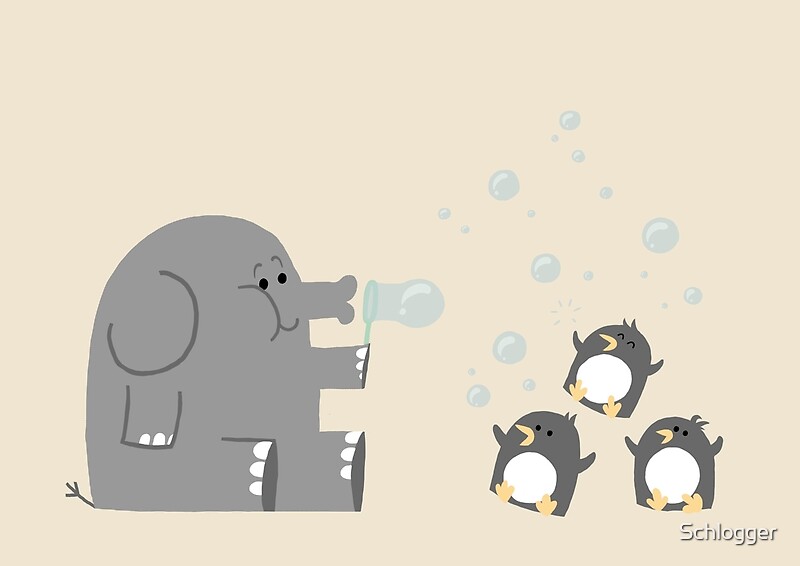 "Elephants & Penguins love bubbles." by Schlogger Redbubble