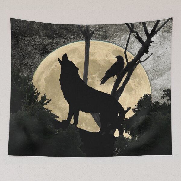 Item preview, Howling Wolf Crow Moon Animal Black Bird Silhouette Art A388 designed and sold by byNicol.