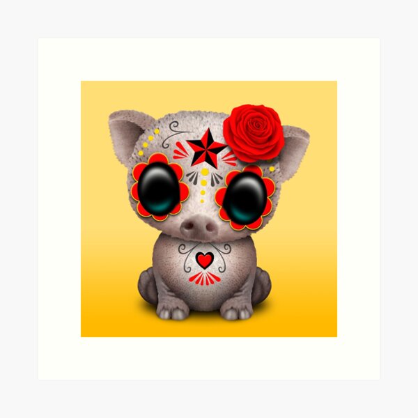 Red Day of the Dead Sugar Skull Baby Pig Art Print