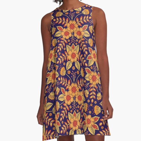 Vibrant Blue, Yellow and Orange Floral A-Line Dress