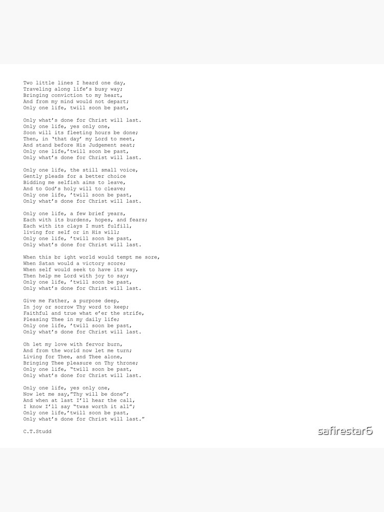 "Only One Life C.T. Studd Full Poem" Poster by safirestar6