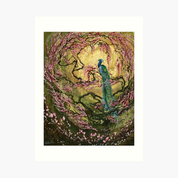 In Morning Light | Peacock and Blossoms Art Print