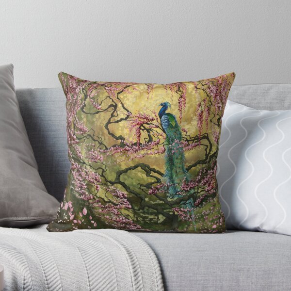 In Morning Light | Peacock and Blossoms Throw Pillow
