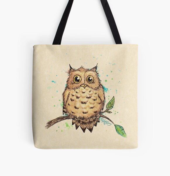 "Hoo, Me?" Baby Owl by Amber Marine, watercolor & ink, © 2019 All Over Print Tote Bag