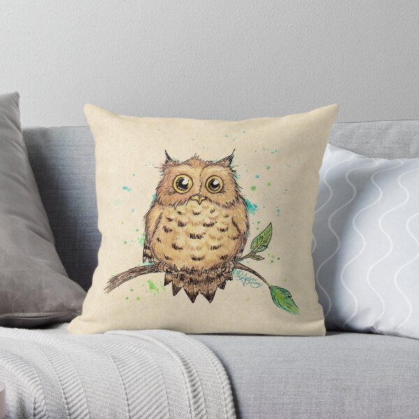 "Hoo, Me?" Baby Owl by Amber Marine, watercolor & ink, © 2019 Throw Pillow