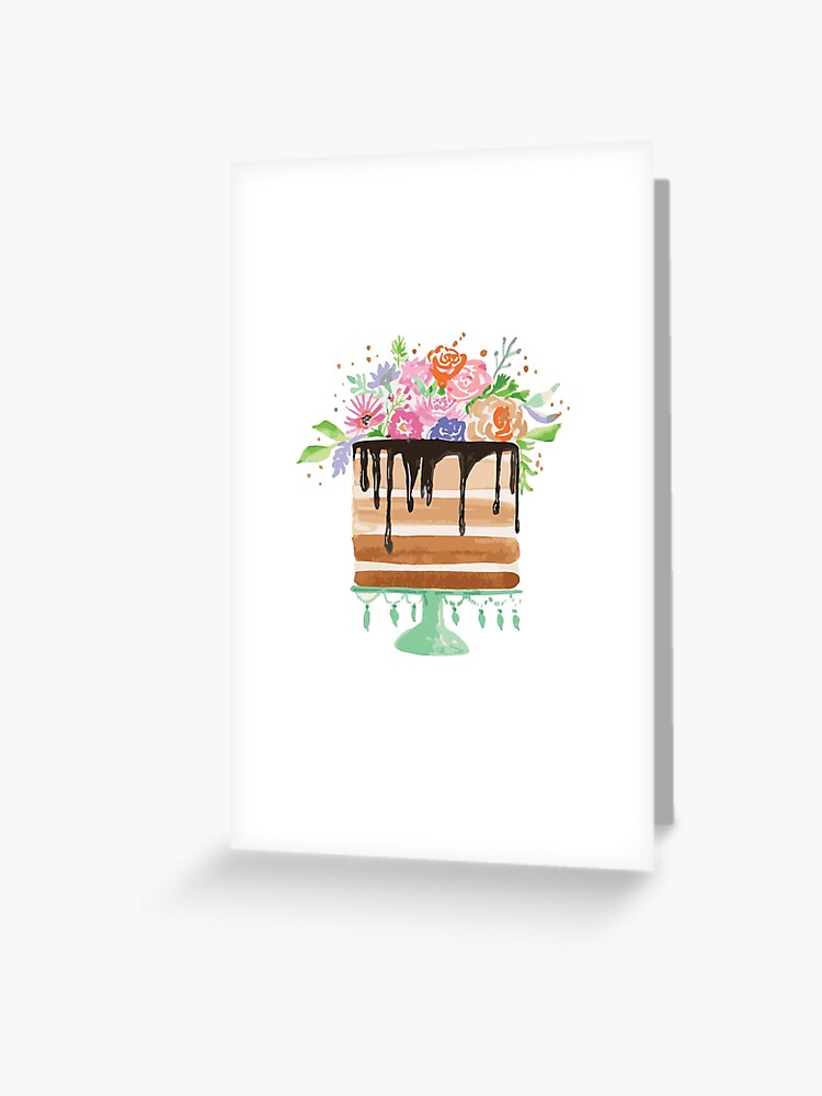 Carte De Vœux Gateau Au Chocolat D Anniversaire Floral Aquarelle Par Daphsam Redbubble