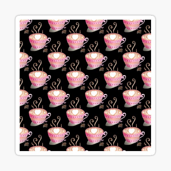 Cute pink cup of steaming coffee on black pattern Sticker