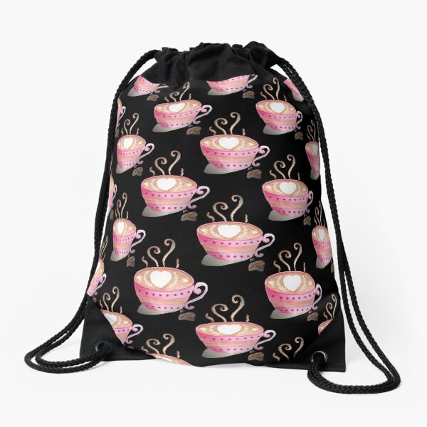 Cute pink cup of steaming coffee on black pattern Drawstring Bag