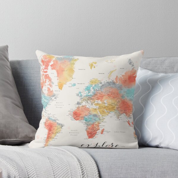 Item preview, "Explore" - Colorful watercolor world map with cities designed and sold by blursbyai.