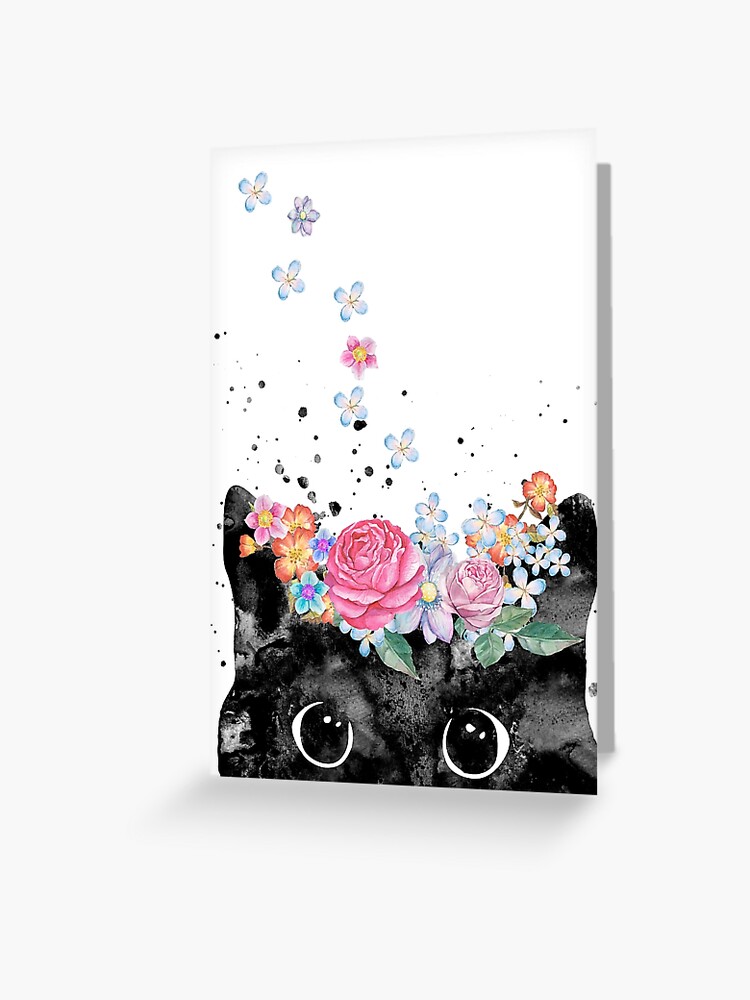 Download Cat Black Cat Floral Cat Peeking Cat Greeting Card By Rosaliartbook Redbubble