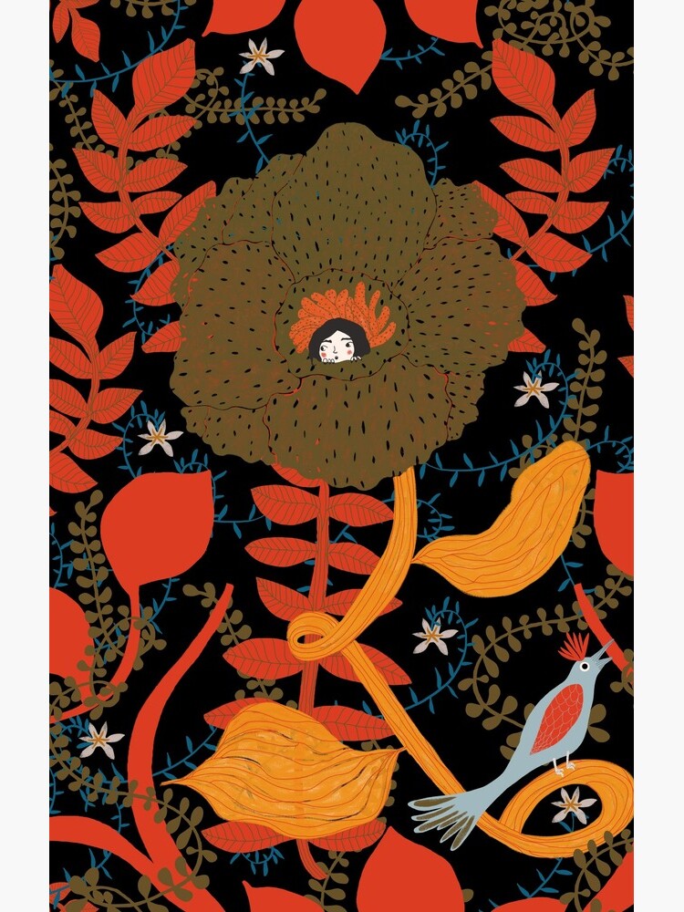 fairy tale illustration with a little girl hiding in a big flowers by spoto