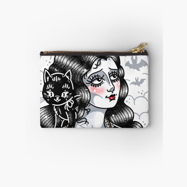 Item preview, New Moon Goth Lady with Black Cat Cute Tattoo Flash designed and sold by Ella Mobbs.