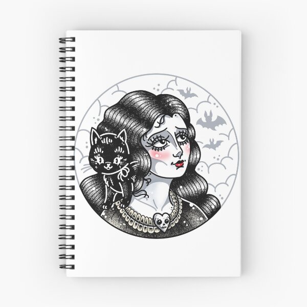 Artikelvorschau, New Moon Goth Lady mit schwarzer Katze Cute Tattoo Flash entworfen und verkauft von Ella Mobbs.
