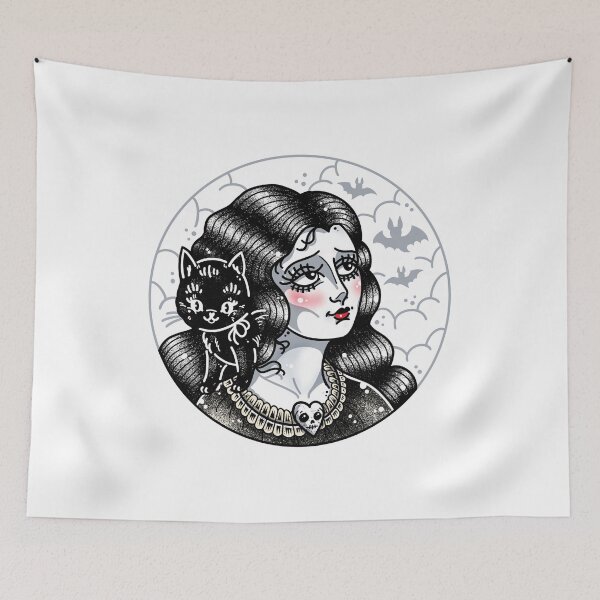 Item preview, New Moon Goth Lady with Black Cat Cute Tattoo Flash designed and sold by Ella Mobbs.