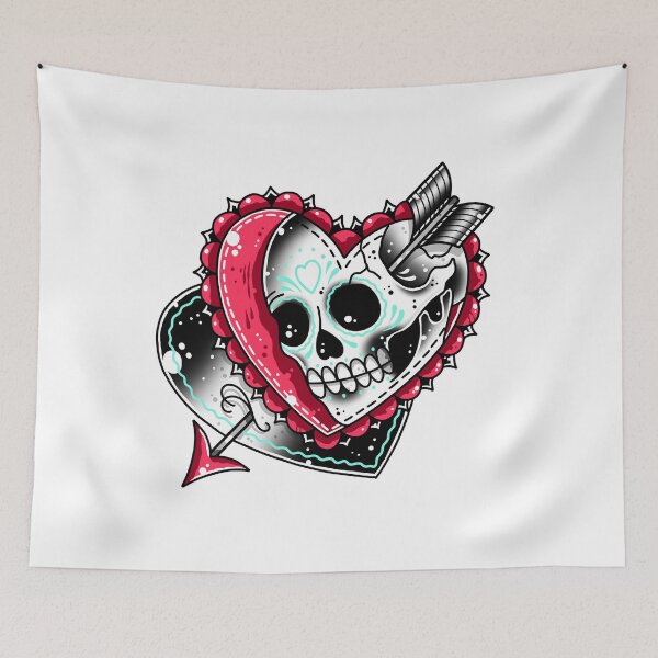 Item preview, Skull Heart Vintage Style Heart and Arrow Valentine Traditional Tattoo Flash designed and sold by Ella Mobbs.