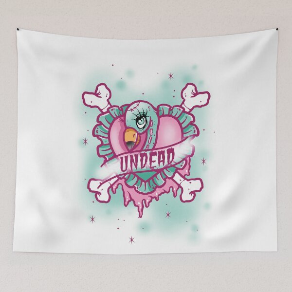 Item preview, Undead Flamingo in Cute Heart with Bones Tattoo Flash designed and sold by Ella Mobbs.