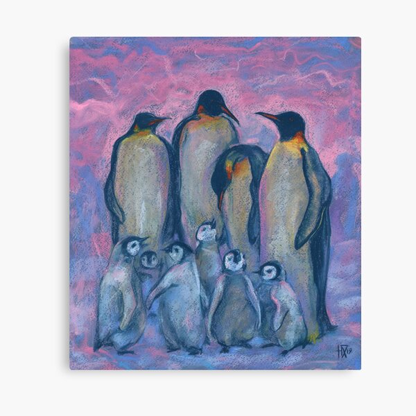 Emperor Penguins with Baby Chicks, Antarctic Birds, Pink Blue Canvas Print